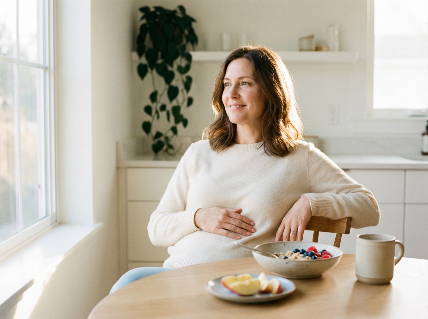 Woman content and satisfied at her kitchen table after a small meal, hand resting on her stomach
