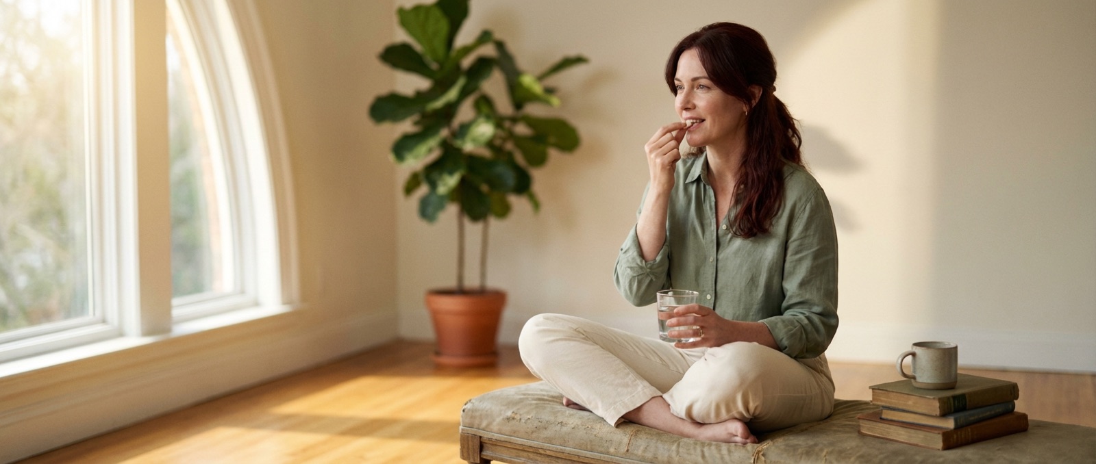Woman in sage linen blouse seated by a tall window, quietly taking her daily tablet with a glass of water