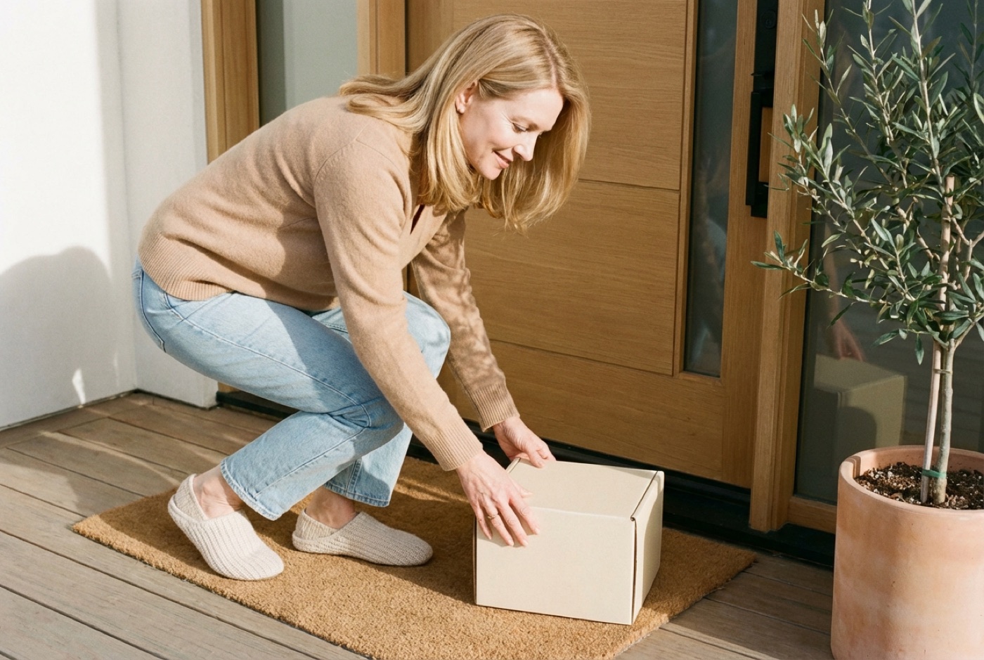 Happy KindMD customer receiving her discreet GLP-1 package at her front door