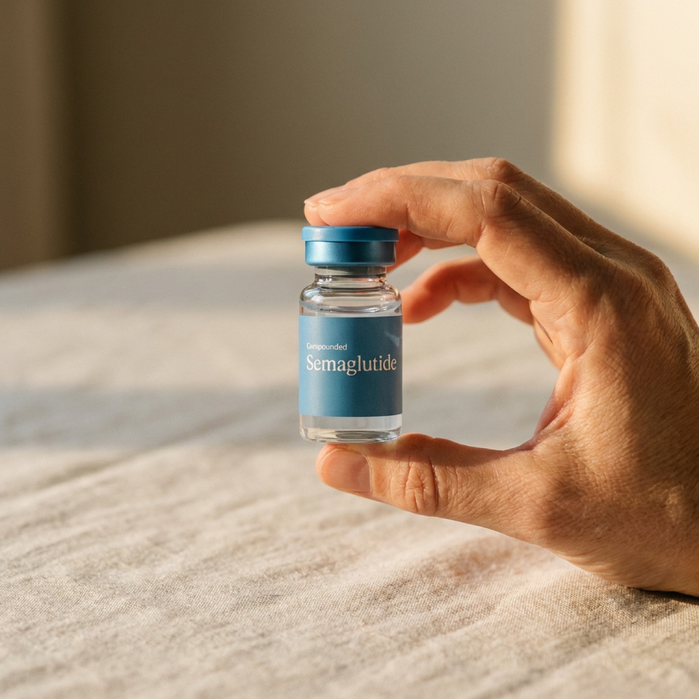 Hand holding KindMD Compounded Semaglutide vial in warm morning light