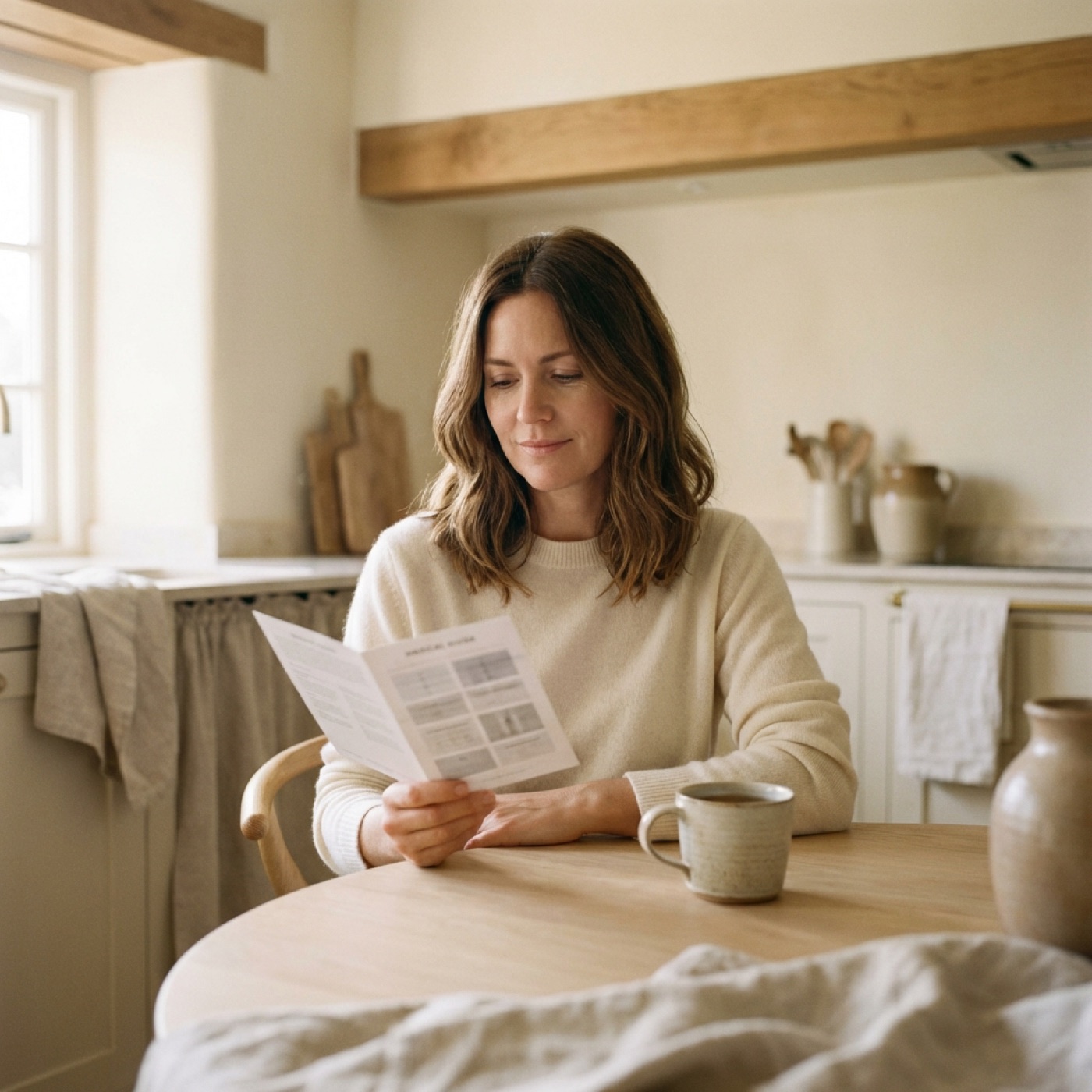 Woman reading the KindMD step-by-step dosing guide at her kitchen table
